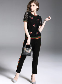 Black Casual Embroidery Lace Two-piece Outfits
