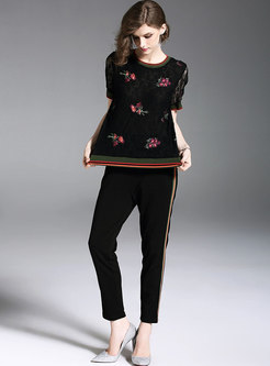 Black Casual Embroidery Lace Two-piece Outfits