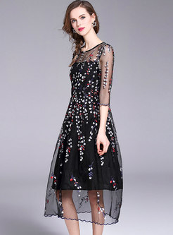Black See Through Mesh Embroidery Midi Dress