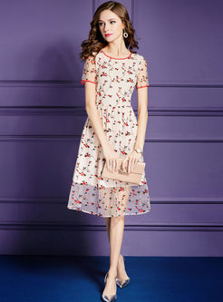 Sweet Floral Embroidery Mesh A Line Dress