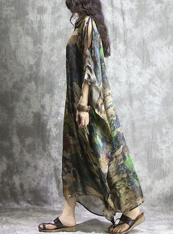 Silk Multicolored Long Sleeve Print Maxi Dress