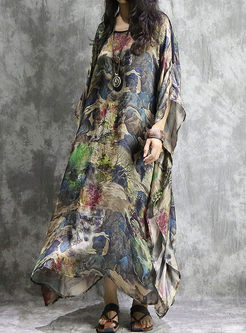 Silk Multicolored Long Sleeve Print Maxi Dress