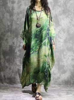 Green Silk Loose Long Sleeve Maxi Dress
