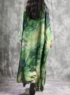 Green Silk Loose Long Sleeve Maxi Dress