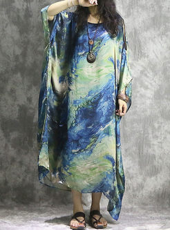 Blue Silk Loose Long Sleeve Maxi Dress
