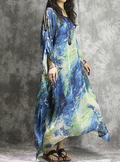 Blue Silk Loose Long Sleeve Maxi Dress