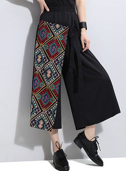 Ethnic Embroidery Plus Size Wide Leg Pants