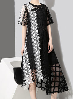 Stylish Star Stitching Asymmetric Plaid Maxi Dress