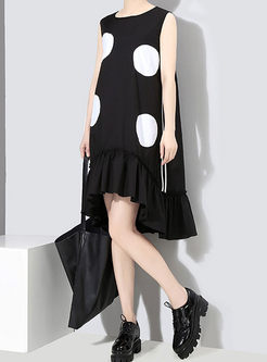 Black Brief Sleeveless Dot Print Flouncing Dress