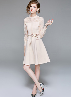 Hollow Out Lace Belted Slim Dress