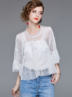 Splicing Gauze Perspective Lace Top With Tanks