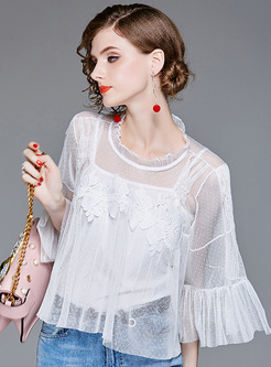Splicing Gauze Perspective Lace Top With Tanks