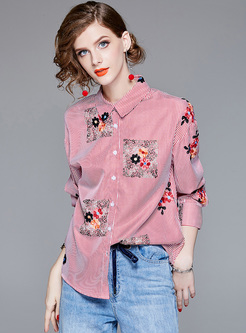 Lapel Fashionable Embroidered Striped Blouse