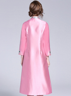 Pink Embroidered Single-breasted Loose dress