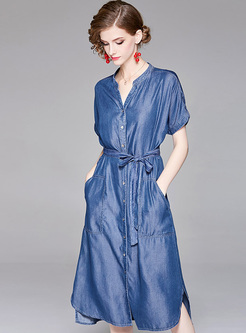 Street Blue Single-breasted Belted Dress