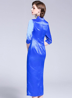 Blue Slim Slit Improved Cheongsam Dress