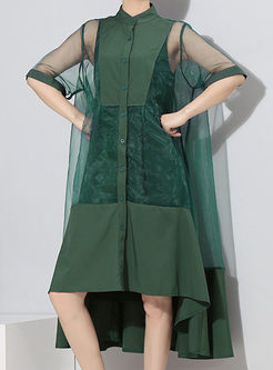 Green Single-breasted Big Hem Dress With Slip Dress
