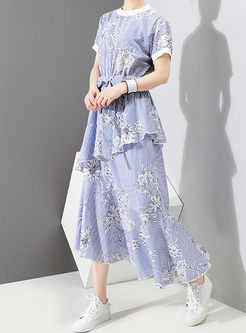 Blue Striped Floral Print Asymmetric Dress