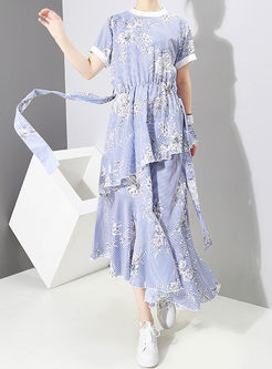 Blue Striped Floral Print Asymmetric Dress