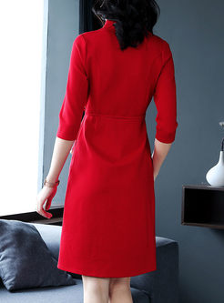 Red Elegant Tied V-neck A Line Dress
