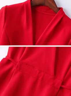 Red Elegant Tied V-neck A Line Dress