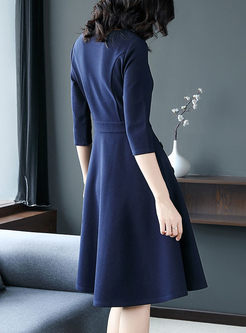 Blue Pocket Splicing Three-quarter Sleeve Dress