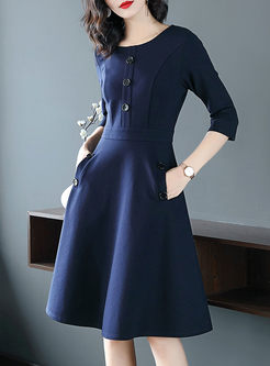 Blue Pocket Splicing Three-quarter Sleeve Dress