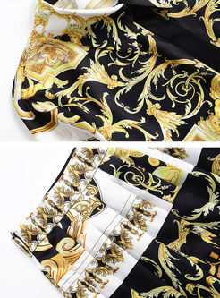 Fashion Lapel Print Blouse & Trendy Pleated Skirt