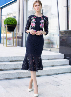 Lace Slim Embroidery Hollow Out Mermaid Dress