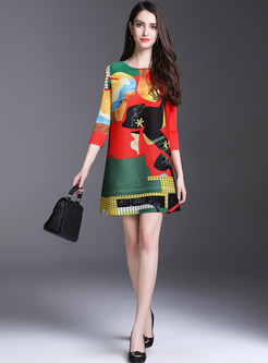 Color-blocked 3/4 Sleeve Pleated Shift Dress