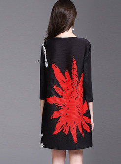 Black Print Fashion Three-quarter Sleeve Shift Dress