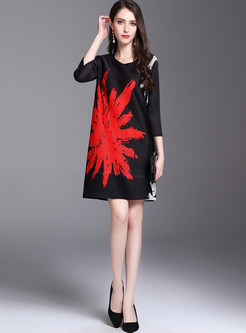 Black Print Fashion Three-quarter Sleeve Shift Dress