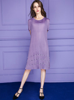 Purple Fashion Nail Bead Short Sleeve Shift Dress