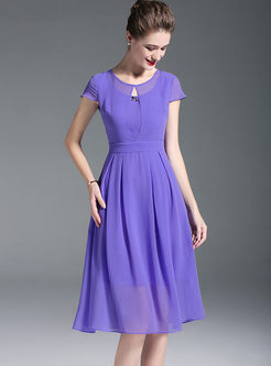 Purple Waist Short Sleeve Chiffon Skater Dress