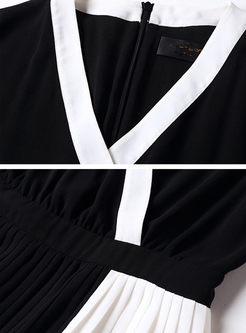 Black V-neck Pleated Chiffon Dress