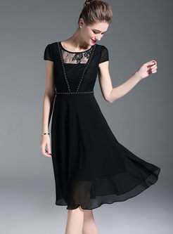 Black Lace Hollow Out Waist A Line Dress