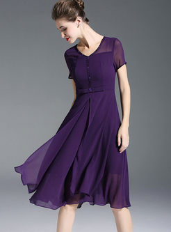 Purple V-neck Waist Chiffon Formal Dress