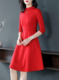 Red Three-quarter Sleeve A Line Dress