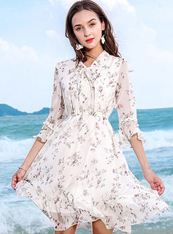 White Chiffon Floral Print V-neck A Line Dress