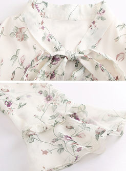 White Chiffon Floral Print V-neck A Line Dress