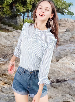 Casual Striped Stand Collar Chiffon Blouse