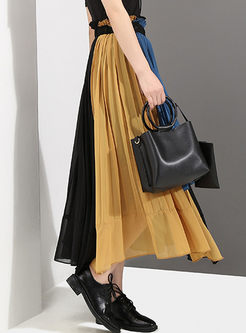 Street Chiffon Contrast Color Pleated Skirt