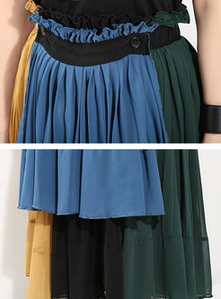 Street Chiffon Contrast Color Pleated Skirt