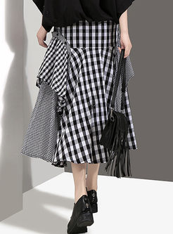 Street Checkered Stitching Big Hem Skirt