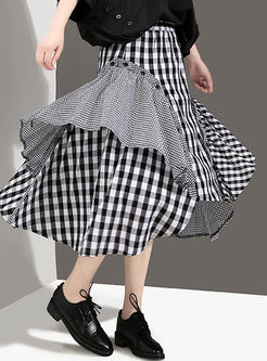 Street Checkered Stitching Big Hem Skirt