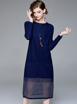 O-neck Knitted Hollow Out Splicing Dress
