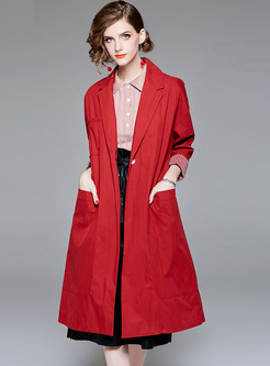 Elegant Red Pocket Trench Coat
