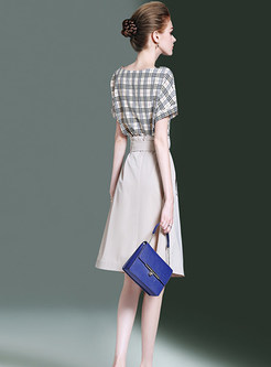 Elegant Khaki Plaid Two-piece A Line Outfits