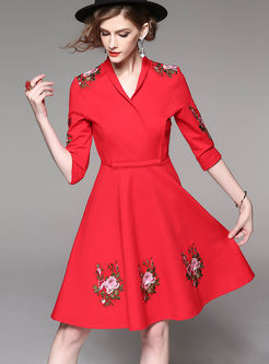 Red Embroidery Three-quarter Sleeve Skater Dress