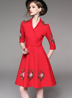 Red Embroidery Three-quarter Sleeve Skater Dress